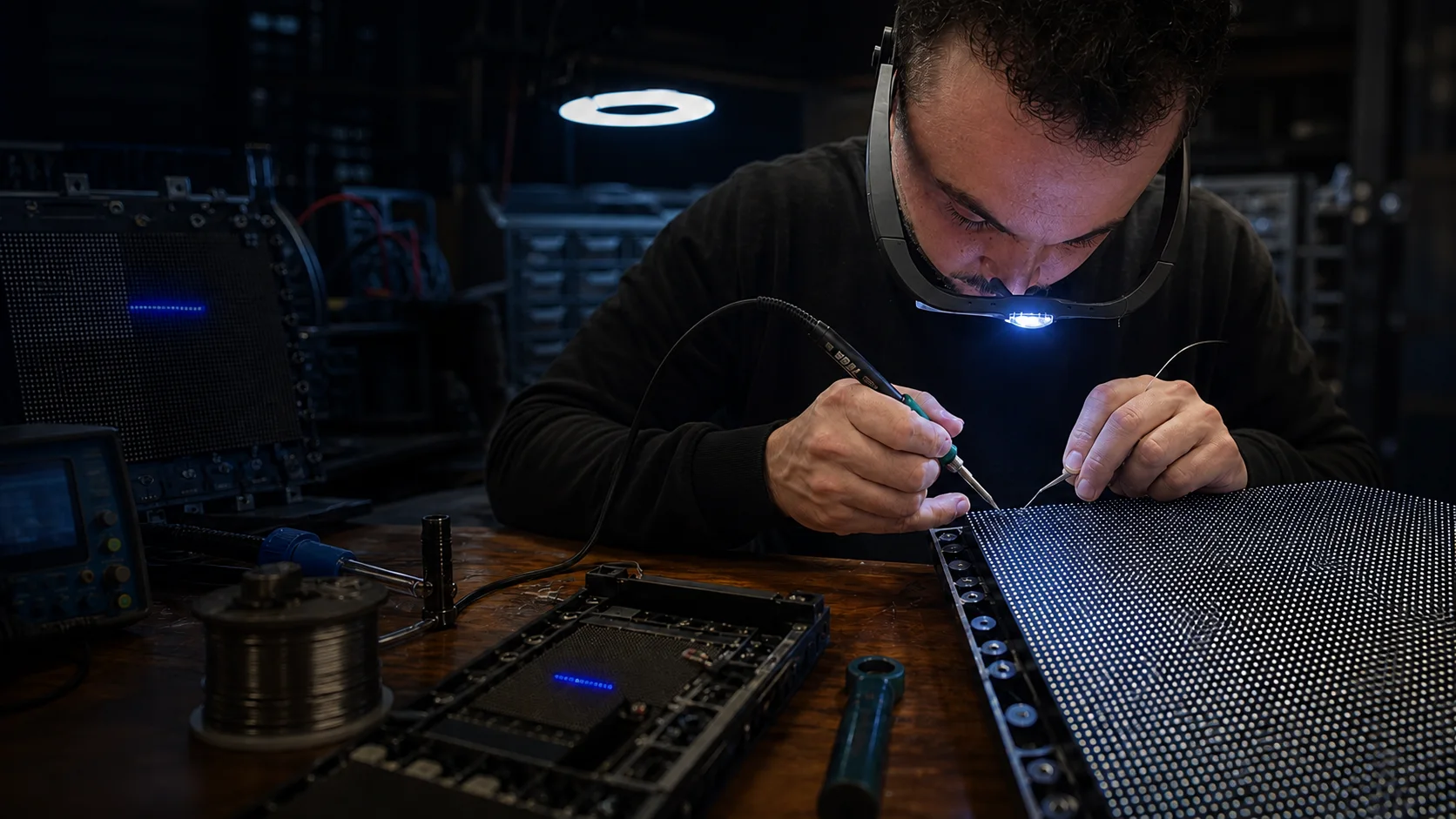 Illustration of Eduardo repairing an LED module at the HiPrime workbench