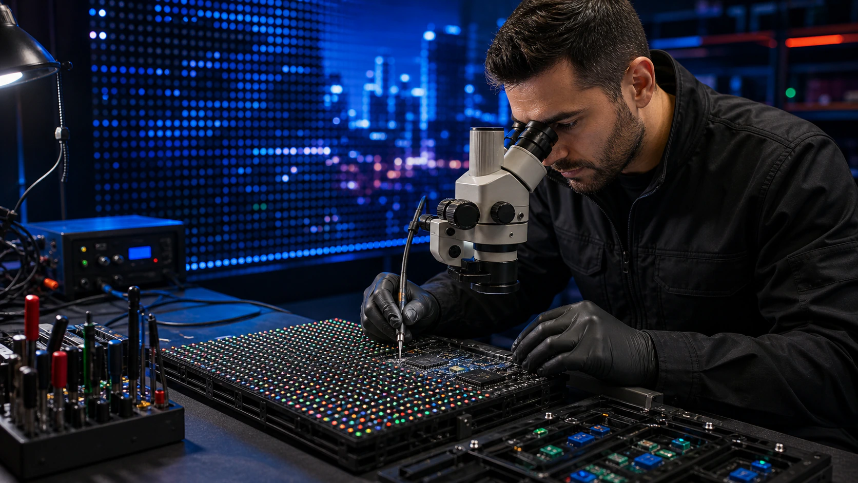 Technician inspecting a professional LED display module under a precision microscope